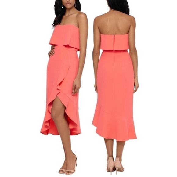 NWT XSCAPE Crepe Bustier Ruffle Coral One Shoulder Midi Dress - Picture 1 of 7
